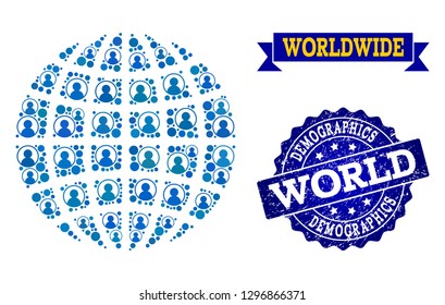 People composition of blue population globe and textured seal. Vector seal with distress rubber texture. Mosaic globe constructed with rounded users. Flat design for national posters.