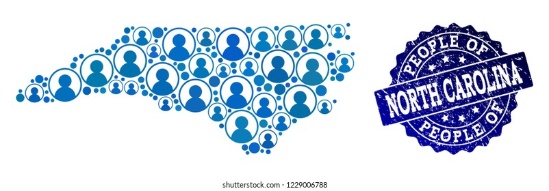 People composition of blue population map of North Carolina State and textured seal stamp. Vector seal with scratched rubber texture. Mosaic map of North Carolina State constructed with rounded users.