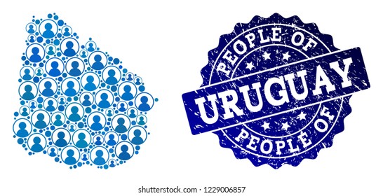 People composition of blue population map of Uruguay and corroded seal. Vector seal with scratched rubber texture. Mosaic map of Uruguay constructed with rounded users.