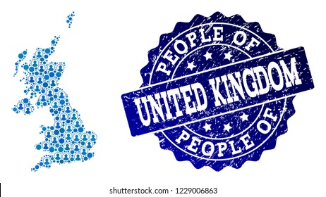 People composition of blue population map of United Kingdom and rubber seal. Vector imprint with scratched rubber texture. Mosaic map of United Kingdom constructed with rounded users.