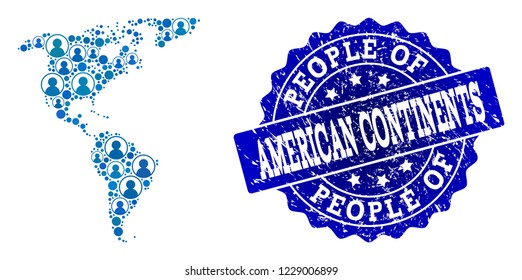 People composition of blue population map of South and North America and rubber seal. Vector seal with corroded rubber texture. Mosaic map of South and North America constructed with rounded users.