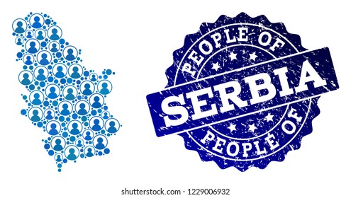 People composition of blue population map of Serbia and rubber seal stamp. Vector seal with grunge rubber texture. Mosaic map of Serbia designed with rounded users.