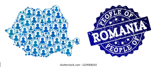 People composition of blue population map of Romania and textured seal. Vector seal with grunge rubber texture. Mosaic map of Romania constructed with rounded users.