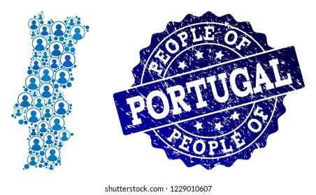 People composition of blue population map of Portugal and scratched stamp. Vector seal with scratched rubber texture. Mosaic map of Portugal designed with rounded users.