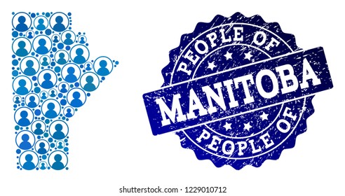 People composition of blue population map of Manitoba Province and rubber seal. Vector seal with unclean rubber texture. Mosaic map of Manitoba Province designed with rounded users.