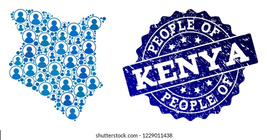 People composition of blue population map of Kenya and rubber seal. Vector seal with distress rubber texture. Mosaic map of Kenya constructed with rounded users. Flat design for political posters.