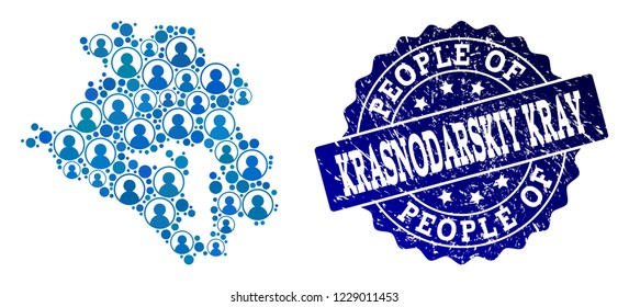 People composition of blue population map of Krasnodarskiy Kray and rubber seal stamp. Vector seal with distress rubber texture. Mosaic map of Krasnodarskiy Kray designed with rounded users.