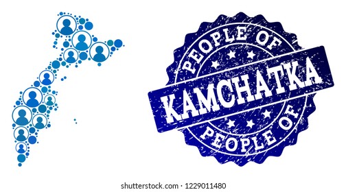 People composition of blue population map of Kamchatka Peninsula and unclean seal stamp. Vector watermark with unclean rubber texture. Mosaic map of Kamchatka Peninsula constructed with rounded users.
