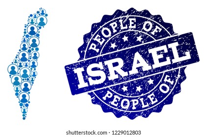 People composition of blue population map of Israel and rubber stamp. Vector seal with unclean rubber texture. Mosaic map of Israel designed with rounded users. Flat design for political templates.
