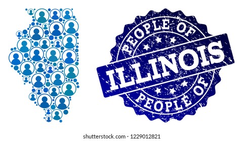 People composition of blue population map of Illinois State and rubber seal stamp. Vector seal with corroded rubber texture. Mosaic map of Illinois State designed with rounded users.