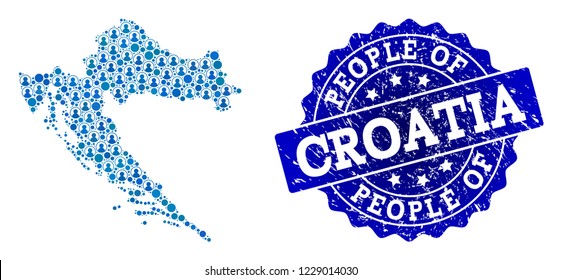 People composition of blue population map of Croatia and grunge seal stamp. Vector seal with grunge rubber texture. Mosaic map of Croatia constructed with rounded users.