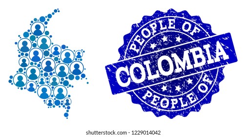 People composition of blue population map of Colombia and rubber seal stamp. Vector seal with distress rubber texture. Mosaic map of Colombia constructed with rounded users.