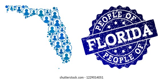 People composition of blue population map of Florida State and dirty seal stamp. Vector seal with corroded rubber texture. Mosaic map of Florida State constructed with rounded users.