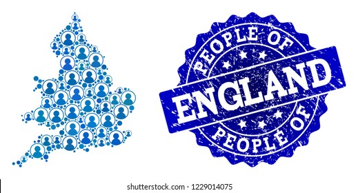 People composition of blue population map of England and rubber seal stamp. Vector imprint with unclean rubber texture. Mosaic map of England constructed with rounded users.