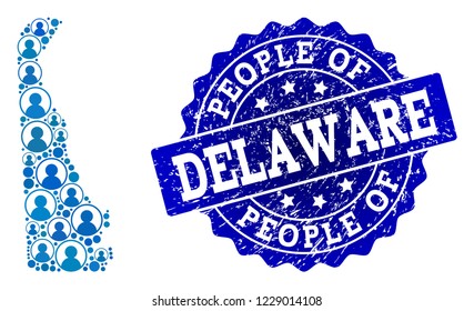 People composition of blue population map of Delaware State and grunge seal stamp. Vector seal with grunge rubber texture. Mosaic map of Delaware State constructed with rounded users.