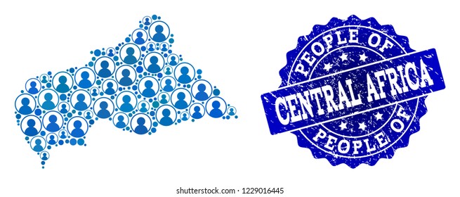 People composition of blue population map of Central African Republic and textured seal. Vector seal with unclean rubber texture. Mosaic map of Central African Republic constructed with rounded users.