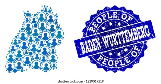 People composition of blue population map of Baden-Wurttemberg State and rubber stamp. Vector watermark with unclean rubber texture.