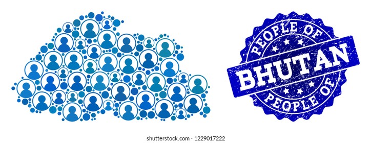 People composition of blue population map of Bhutan and rubber seal. Vector seal with grunge rubber texture. Mosaic map of Bhutan designed with rounded users. Flat design for patriotic posters.
