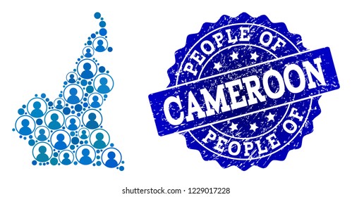 People composition of blue population map of Cameroon and scratched seal. Vector watermark with scratched rubber texture. Mosaic map of Cameroon constructed with rounded users.