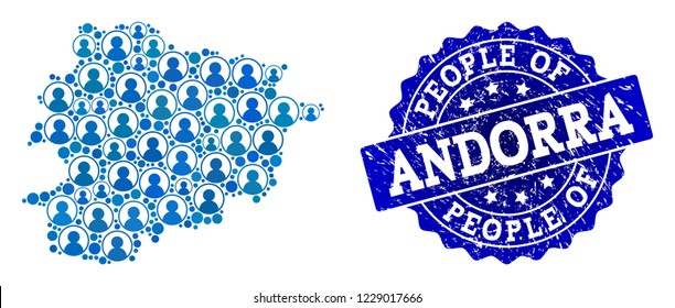 People composition of blue population map of Andorra and grunge seal. Vector watermark with grunge rubber texture. Mosaic map of Andorra constructed with rounded users.