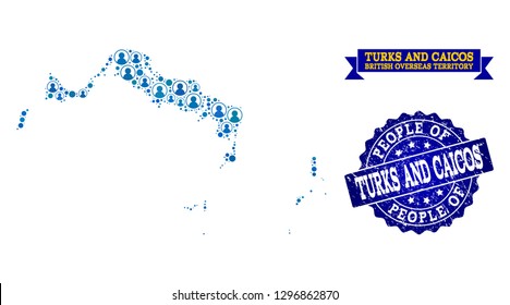 People composition of blue population map of Turks and Caicos Islands and rubber stamp. Vector seal with grunge rubber texture. Mosaic map of Turks and Caicos Islands constructed with rounded users.