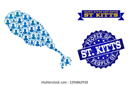 People composition of blue population map of St Kitts Island and rubber seal stamp. Vector seal with grunge rubber texture. Mosaic map of St Kitts Island constructed with rounded users.