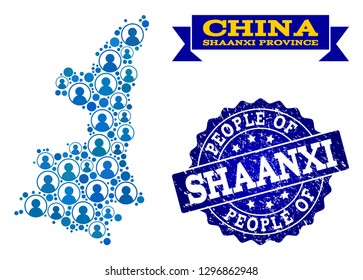 People composition of blue population map of Shaanxi Province and unclean seal. Vector seal with grunge rubber texture. Mosaic map of Shaanxi Province designed with rounded users.