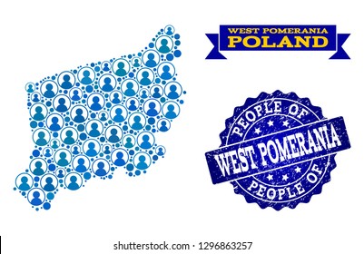 People composition of blue population map of West Pomerania Province and textured seal stamp. Vector seal with corroded rubber texture.