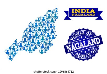 People composition of blue population map of Nagaland State and rubber stamp. Vector watermark with corroded rubber texture. Mosaic map of Nagaland State designed with rounded users.