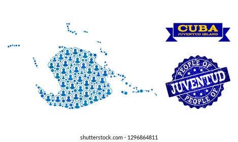 People composition of blue population map of Juventud Island and corroded seal. Vector imprint with corroded rubber texture. Mosaic map of Juventud Island designed with rounded users.