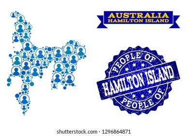 People Composition Of Blue Population Map Of Hamilton Island And Rubber Seal. Vector Seal With Distress Rubber Texture. Mosaic Map Of Hamilton Island Constructed With Rounded Users.