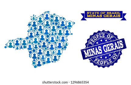 People composition of blue population map of Minas Gerais State and grunge seal stamp. Vector seal with grunge rubber texture. Mosaic map of Minas Gerais State designed with rounded users.