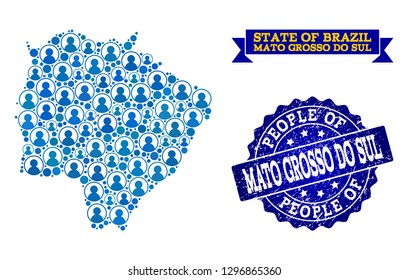 People composition of blue population map of Mato Grosso do Sul State and scratched seal. Vector imprint with scratched rubber texture.