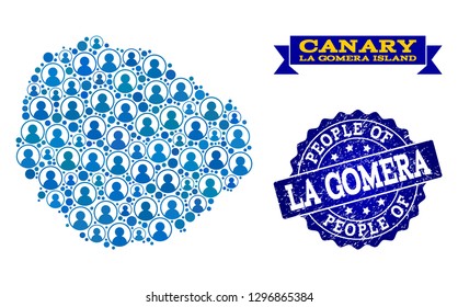 People composition of blue population map of La Gomera Island and rubber stamp. Vector imprint with grunge rubber texture. Mosaic map of La Gomera Island designed with rounded users.