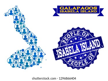 People composition of blue population map of Galapagos - Isabela Island and rubber seal stamp. Vector seal with grunge rubber texture.
