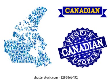 People composition of blue population map of Canada and scratched stamp. Vector watermark with scratched rubber texture. Mosaic map of Canada designed with rounded users.