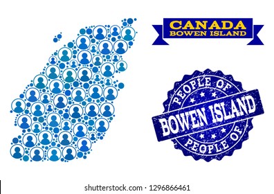 People composition of blue population map of Bowen Island and rubber seal stamp. Vector seal with grunge rubber texture. Mosaic map of Bowen Island constructed with rounded users.