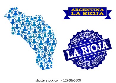 People composition of blue population map of Argentina - La Rioja and grunge seal. Vector imprint with grunge rubber texture. Mosaic map of Argentina - La Rioja designed with rounded users.