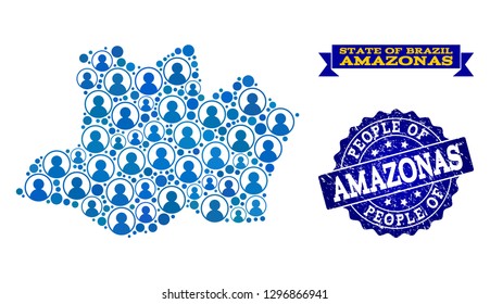 People composition of blue population map of Amazonas State and textured seal stamp. Vector seal with scratched rubber texture. Mosaic map of Amazonas State constructed with rounded users.