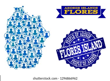 People composition of blue population map of Azores - Flores Island and rubber seal stamp. Vector seal with corroded rubber texture. Mosaic map of Azores - Flores Island designed with rounded users.