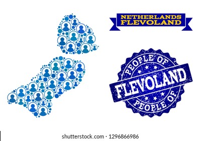 People composition of blue population map of Flevoland Province and rubber stamp. Vector watermark with corroded rubber texture. Mosaic map of Flevoland Province constructed with rounded users.
