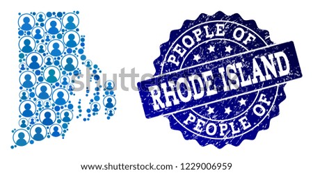People composition of blue population map of Rhode Island State and scratched seal stamp. Vector seal with scratched rubber texture. Mosaic map of Rhode Island State designed with rounded users.
