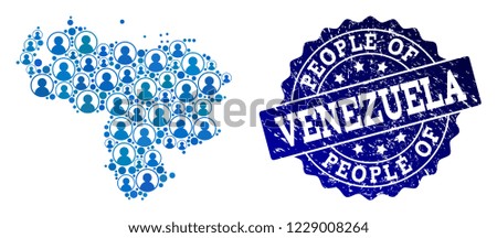People composition of blue population map of Venezuela and corroded seal stamp. Vector seal with corroded rubber texture. Mosaic map of Venezuela designed with rounded users.