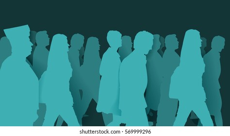 People composition, crowd silhouette of walkers