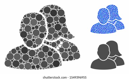 People composition of filled circles in different sizes and color hues, based on people icon. Vector random circles are grouped into blue composition. Dotted people icon in usual and blue versions.