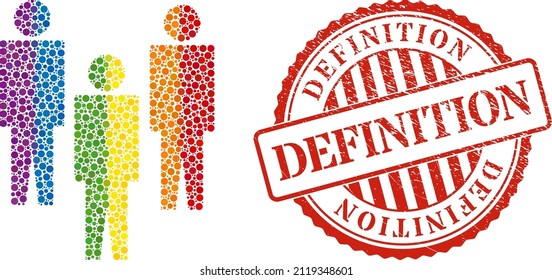People composition icon of round items in variable sizes and rainbow colored shades. Red round scratched seal imprint with Definition text. A dotted LGBT- colored people for lesbians, gays, bisexuals,