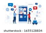 People and Comprehensive Mobile Application Social Media Audit. Man with Magnifying Glass and Woman Checking App Design, Usability. Guy at Laptop Conducting Code Analysis Security. Vector Illustration