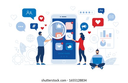 People and Comprehensive Mobile Application Social Media Audit. Man with Magnifying Glass and Woman Checking App Design, Usability. Guy at Laptop Conducting Code Analysis Security. Vector Illustration