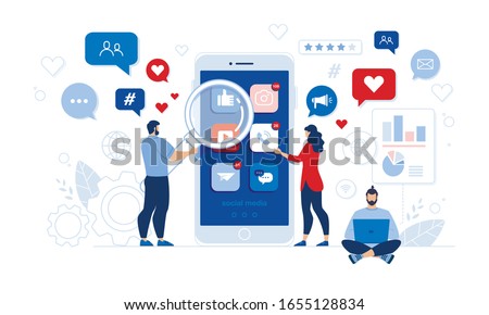 People and Comprehensive Mobile Application Social Media Audit. Man with Magnifying Glass and Woman Checking App Design, Usability. Guy at Laptop Conducting Code Analysis Security. Vector Illustration