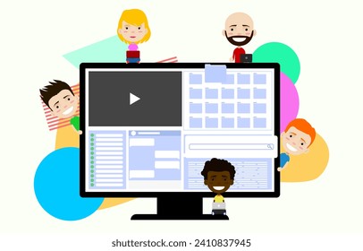 People and computer display symbolizing multi-user system on color background, vector illustration